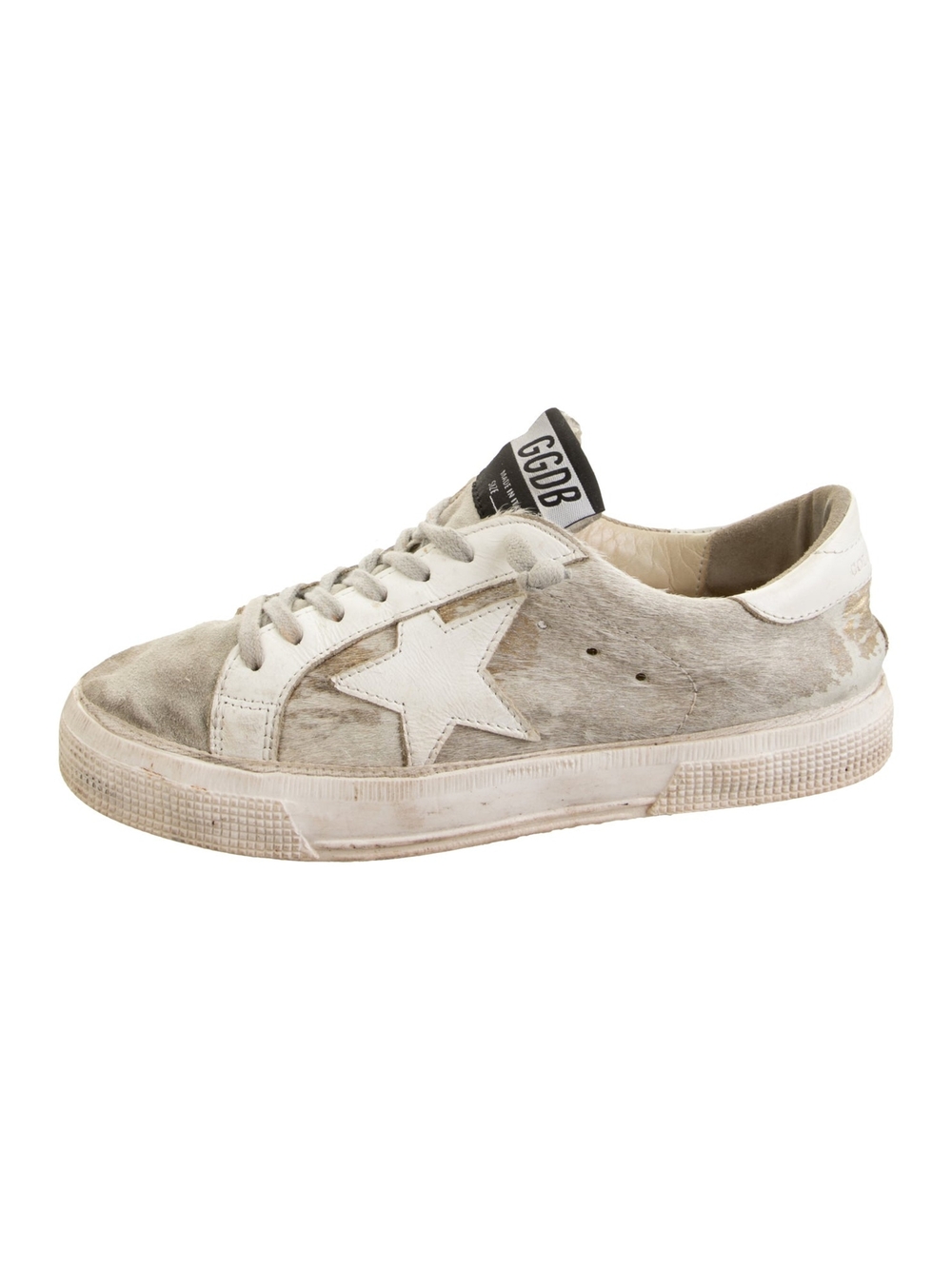 Golden Goose GGDB MAY Womens Unborn Calf Ponyhair Grey White Low-Top Sneaker 37